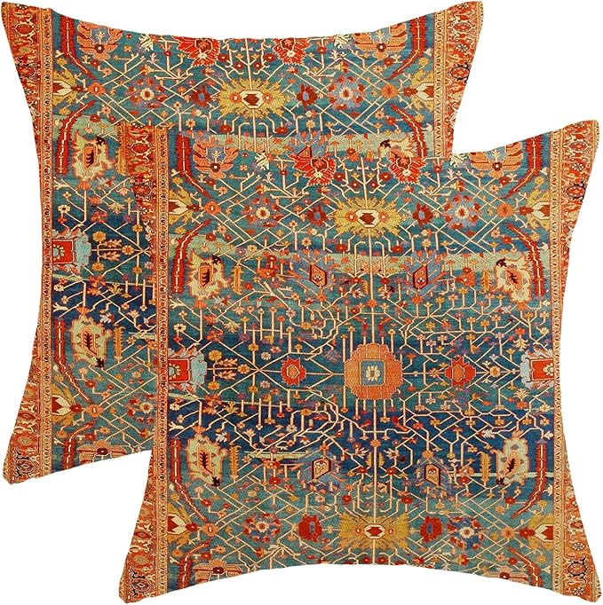 Boho Pillow Covers 16x16 Set of 2, Red Bohemian Ethnic Design Decorative Throw Pillow Covers Farmhouse Cushion Pillow Covers for Sofa Couch Outdoor