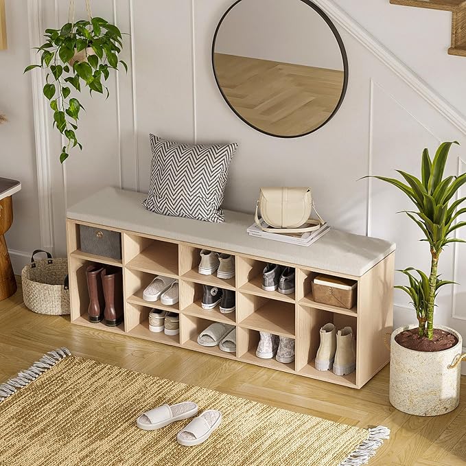 DINZI LVJ Shoe Storage Bench with Cushion, 15-Cubby Shoe Rack, Adjustable Shelves, Long Shoe Organizer Bench for Entryway, Mudroom, Hallway, Living Room, Bedroom and Garage, Natural
