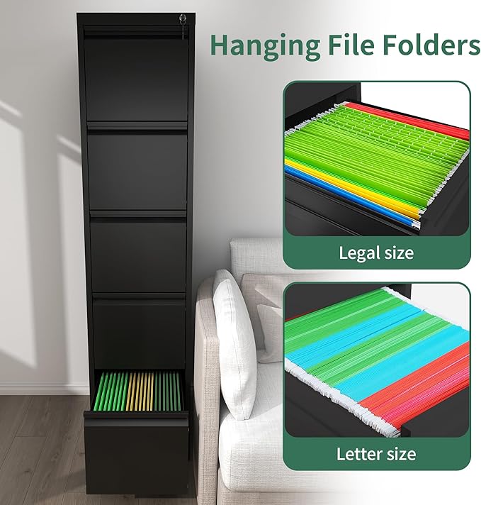File Cabinet, Vertical File Cabinets with Lock for Home Office,Heavy Duty Office Steel Filing Cabinet for Hanging Letters/Legal/A4, Assembly Required (Black, 5 Drawers)