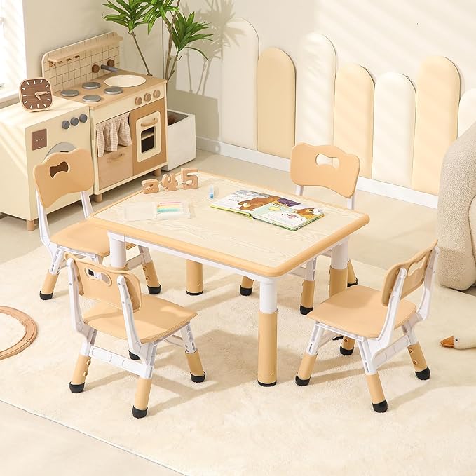 Toddler Table and Chairs, Kids Table and 4 Chairs Set with Graffiti Desktop, Height-Adjustable Kids Study Table for Boys and Girls Aged 3-8, Max 300lbs
