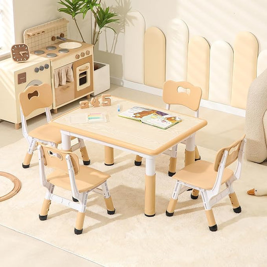 Toddler Table and Chairs, Kids Table and 4 Chairs Set with Graffiti Desktop, Height-Adjustable Kids Study Table for Boys and Girls Aged 3-8, Max 300lbs