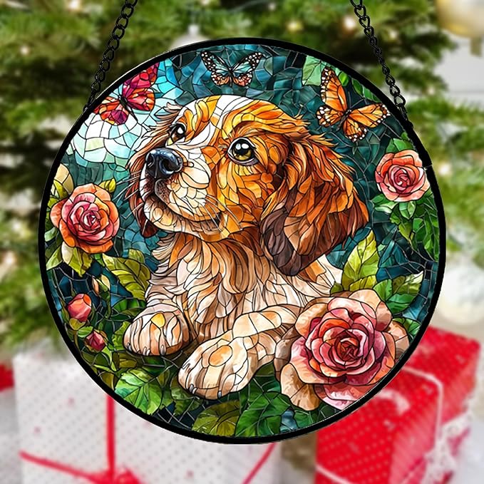 Stained Glass Window Hanging, Dog and Rose Suncatcher for Doors Home Butterfly Sun Catchers Decoration and Christmas, Mother's Day Birthday Gifts for Women, Men, and Mom 14.9x14.9 in