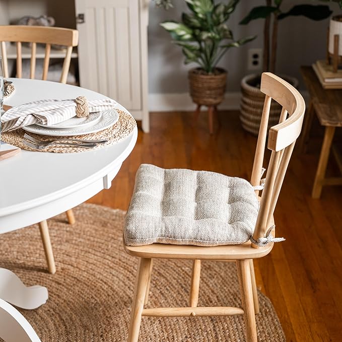 Barnett Home Decor Brisbane Natural Dining Chair Cushions with Ties - 16.5 x 18 Size Medium Chair Pad - Latex Foam Fill, Reversible - Made in USA (Ivory)