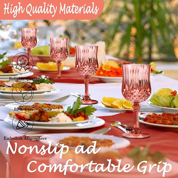 Plastic Wine Glasses，Plastic Goblets Vintage Style Cordial Drinking Glasses for Wedding Reception, Grand Event Party Supplies (48, Rose Gold)