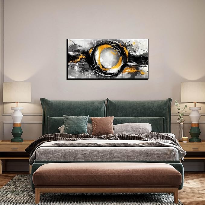 SIXTTART Abstract Circle Wall Art for Living Room - Black White and Gold Modern Canvas Wall Art for Office - Modern Framed Wall Art for Bedroom Size 20" x 40"