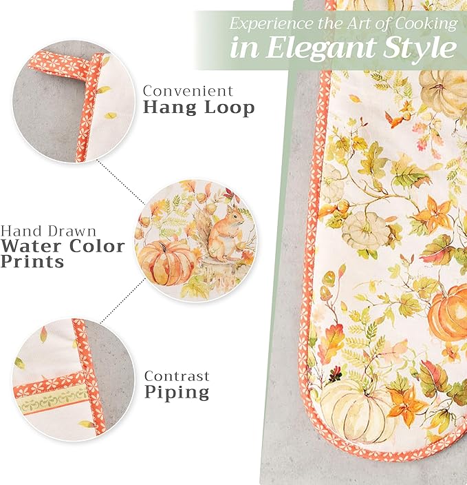 Maison d' Hermine Double Oven Mitt (7" x 35") 100% Cotton Heat Resistant BBQ Cooking Gloves with Loop for Thanksgiving Christmas Decorations Baking Cooking Barbeque Handling Hot Pan (Pumpkin Passion)