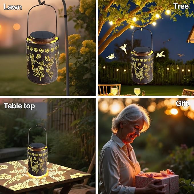 Upgraded Solar Hummingbird Lights for Outside Garden Decor Gifts for Women Mom Grandma, Metal Hanging Solar Lanterns Outdoor Waterproof with Copper Finish Lantern for Patio, Yard, Porch, Pathway