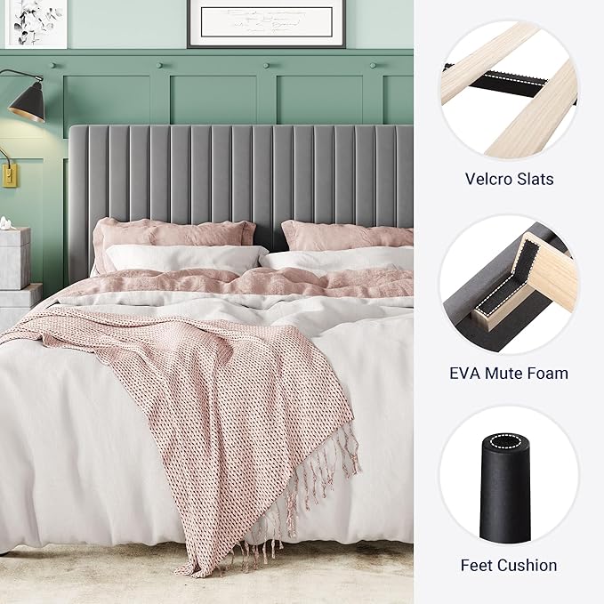 Allewie King Bed Frame, Velvet Upholstered Platform Bed with Adjustable Vertical Channel Tufted Headboard, Mattress Foundation with Strong Wooden Slats, Box Spring Optional, Easy Assembly, Grey