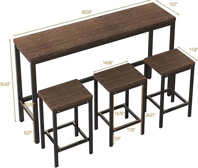 Harper & Bright Designs 4-Piece Dining Set with Long Table & 3 Stools, Space-Saving Design, for Kitchen/Living Room, Dark Brown