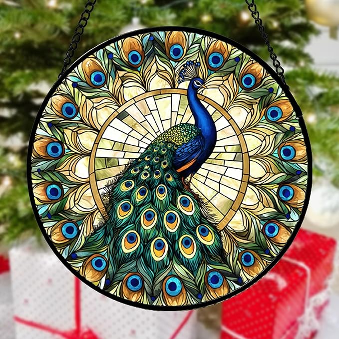 Stained Glass Window Hanging - Retro Peacock Decoration Suncatcher for Door Garden Home Bird Feather Sun Catchers Christmas Mother's Day Birthday Gifts for Women Men Mom Nana Friend 14.9 in