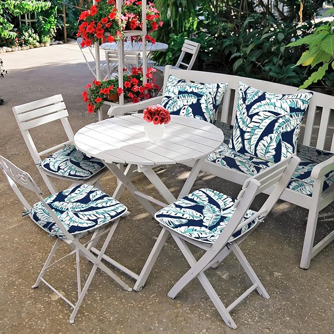 Set of 4 Outdoor Chair Cushions with Ties,Water Repellent Patio Chair Pads 17"x 16" for Outdoor Furniture,Round Corner Seat Cushions for Garden Yard Kitchen Baltic Palms White