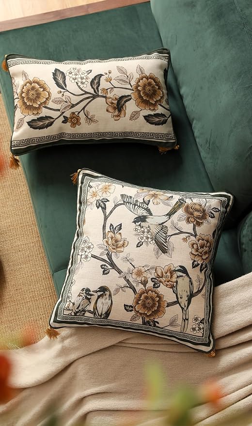 Design Linen Chinoiserie Square Throw Pillow Covers 18"x18" Pack of 2, Farmhouse Cushion Covers with Yellow Floral Birds Pattern Decoration Pillowcases for Bed,Living Room,Outdoor,Car