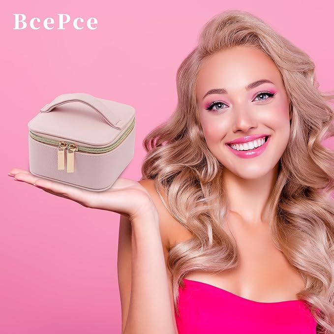 PU Leather Travel Jewelry Organizer Case with 4 Pouches & Handle, Anti-Tangle Storage Box for Necklace, Earrings, Rings, Compact Jewelry Box for Women Gift (Pink)