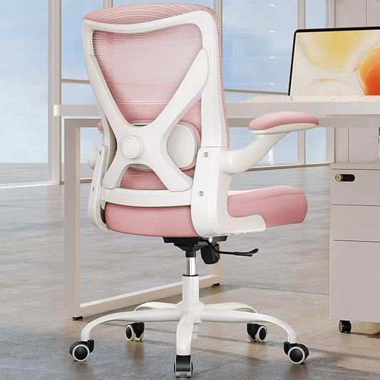 Ergonomic Office Chair: Mesh Desk Chair with Adjustable Lumbar Support 330lbs High Back Computer Gaming Chair - Work Chairs with Flip-Up Arms for Long Hours-Adults Home Office (Pink)