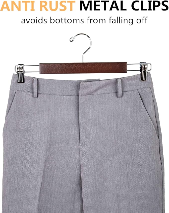 Amber Home 10 Pack 14.17" Solid Walnut Wooden Pant Skirt Hangers, Bottom Hangers for Slacks Trousers Jeans with 2-Adjustable Anti-Rust Clips (Walnut, 10 Pack)
