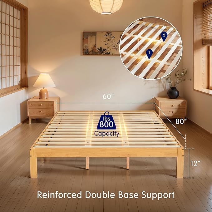 Hokway Wood Queen Bed Frame-No Wobble,Noise-Free,Easy Assembly with Precise Holes,12 in Wood Slat Support,No Box Spring Needed,Natural