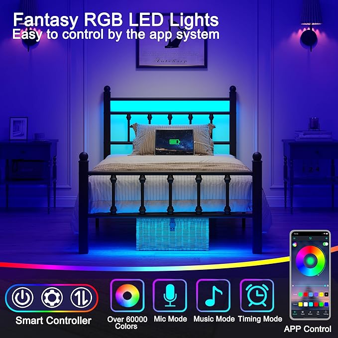 Full Bed Frame with Smart LED Lights, Storage Headboard and USB Charging Station,Heavy Duty Wooden Slats, No Box Spring Needed, Noise Free, Easy Assembly (Retro Black, Twin)