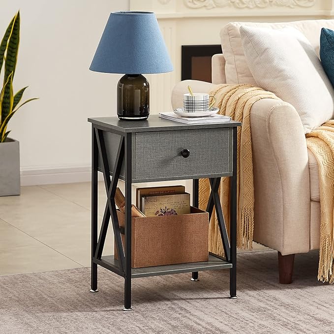 VECELO Nightstand,Modern Bedside End Table, Night Stand with Drawer and Storage Shelf for Living Room Bedroom, Industrial Metal Frame