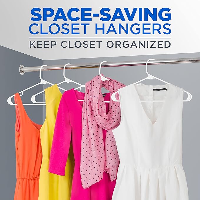 SereneLife 50-Pack White Plastic Hangers – Durable Tubular Slim Design for Shirts, Pants, Coats & Dresses, Space-Saving Closet Organization Hanger Set for Home & Laundry Storage Needs