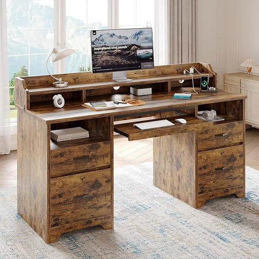 Bestier Farmhouse 59" Executive Desk with Drawers, Wood Computer Desk with Charging Station, Home Office Desk with Keyboard Tray & Monitor Stand, Sturdy Pedestal Desk for Work Study, Rustic Brown