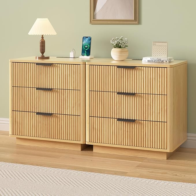 HOMMPA 24'' Fluted Nightstand with Charging Station Set of 2, Modern Bedside Table with Storage, 3 Drawer End Table, Wooden Bedside End Table for Bedroom, Living Room, Curved Profile Design