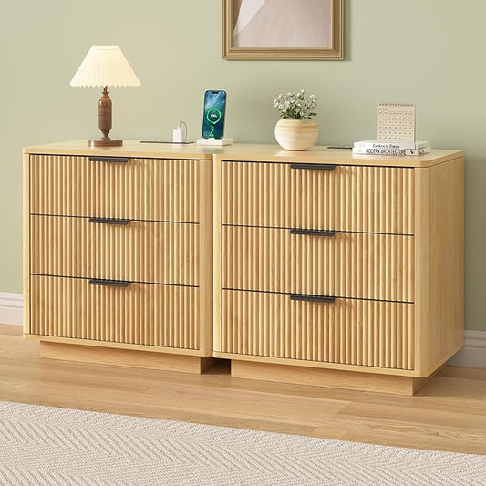 HOMMPA 24'' Fluted Nightstand with Charging Station Set of 2, Modern Bedside Table with Storage, 3 Drawer End Table, Wooden Bedside End Table for Bedroom, Living Room, Curved Profile Design