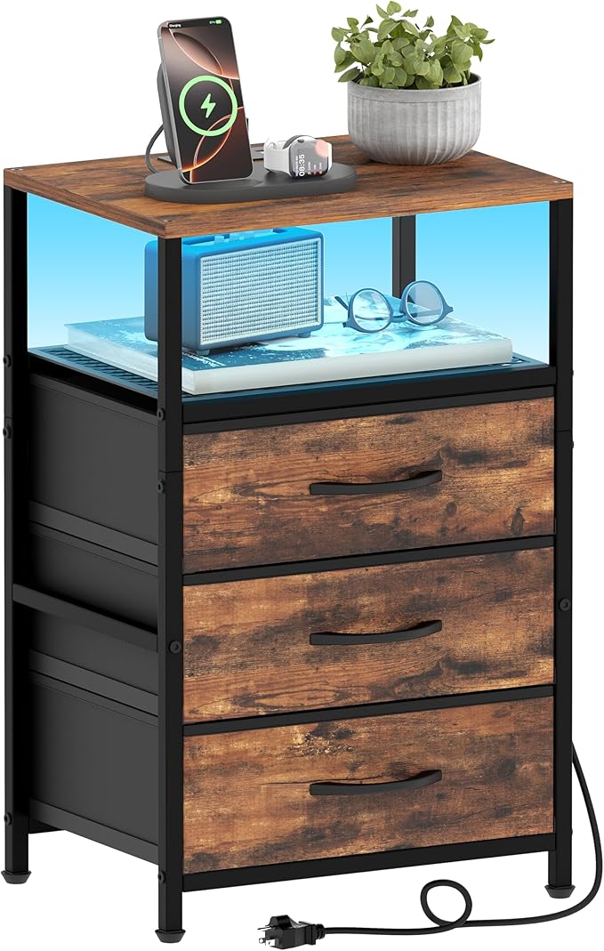 End Table with Charging Station, 11" D x 15" W Night Stand with LED Light, Nightstand with Fabric Drawers, Bedside Table with Open Shelf, Side Table for Bedroom, Living Room, Rustic Brown