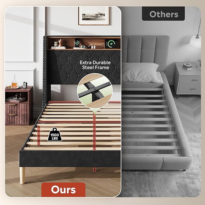 WLIVE Full Size Upholstered Bed Frame with Storage Headboard, Velvet Square Tufted Platform Bed with Charging Station, Sturdy Metal & Wooden Slats Support, No Box Spring Needed, Black
