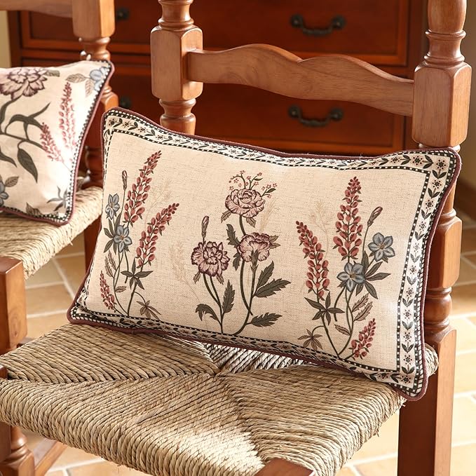 Design Linen Vintage Throw Pillow Covers 12"x20" Pack of 2, Rectangle Cushion Covers with Red Purple Flowers Green Leaves Pattern Decoration Pillowcases for Bed,Living Room,Outdoor,Car