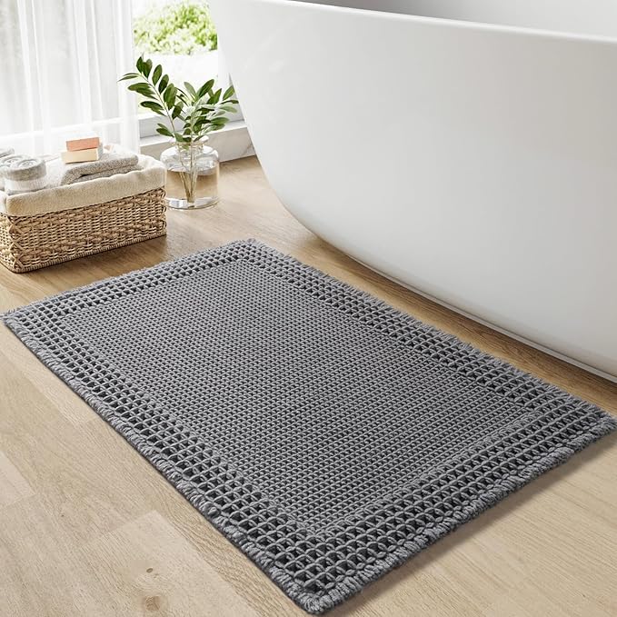 RESARE Waffle Bath Mat - Super Absorbent Non Slip Machine Washable, Ultra Soft Boho Rug with Tassels, Upgraded Bordered Design, 17"x24" Dark Grey