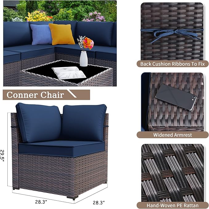 Kurapika 12 Pieces Patio Furniture Set, Rattan Wicker Outdoor Conversation Sets w/4 Inch Cushion and Glass Coffee Table(Navy Blue)