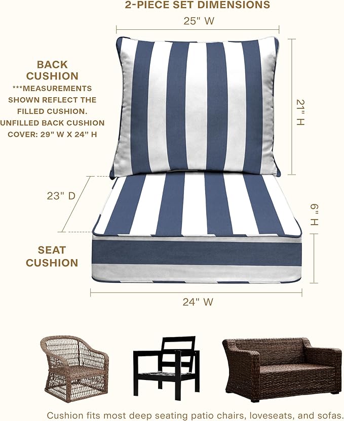 Honeycomb Outdoor Deep Seat, 24 x 23, Cabana Stripe Blue & White Chair Cushion for Patio Furniture