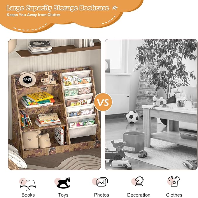 4 Tier Kids Bookshelf Wooden, Five Layer Sling Children Bookcase, Baby Toddler Storage Book Rack, Book and Toy Organizer Cabinet Chest, Book Display Shelf Stand, Playroom Nursery Classroom Library