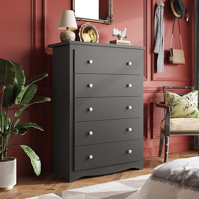 WLIVE Wood Dresser with 5 Drawers, Black Wooden Storage Cabinet, Organizer Drawers for Bedroom, Living Room, Hallway, Measuring 15.75" W * 31.50" D * 45.35" H ﻿