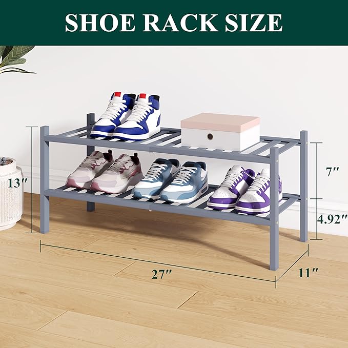 Smiry Bamboo Shoe Rack for Closet, 2 Tier Wooden Stackable Shoe Organizer, Free Standing Shoes Storage Shelf for Entryway, Front Door Entrance, Grey
