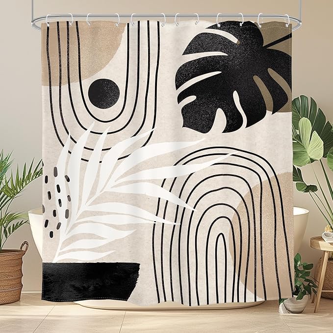 Glawry Boho Black Brown Beige Shower Curtain Extra Long Modern Mid Century Abstract Tropical Leaf Bathroom Minimalist Geometric Arch 72Wx84L Inches Bath Accessories Art Home Decor Fabric 12 Pack Hooks
