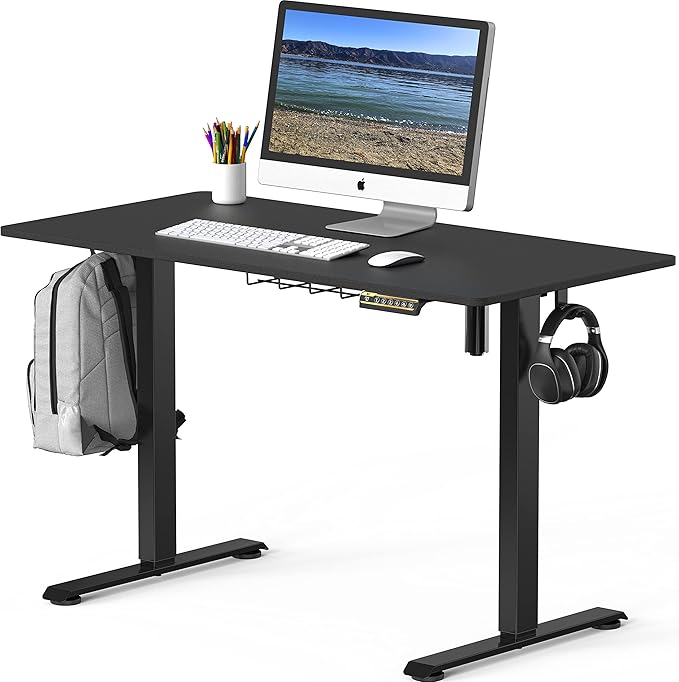 SHW 48-Inch Electric Height Adjustable Sit to Stand Desk with Hanging Hooks and Cable Management, Black Frame and Black Top