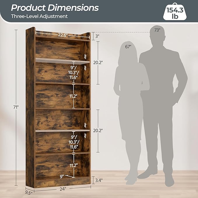 Yaheetech 7-Tier Open Bookcase and Bookshelf, Modern Simple Floor Standing Display Storage Shelves with Top Open Compartment for Home Office, Living Room, Bed Room - Rustic Brown