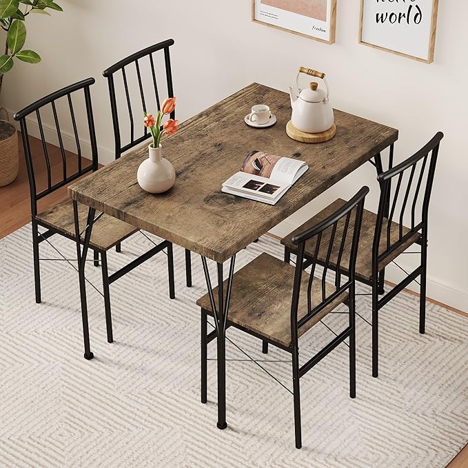 Kitchen Dining Table Set for 4, 5-Piece Kitchen Table Set with 1.6“ Thick Tabletop,Dining Room Table Sets,Kitchen Table Set with 4 Chairs for Small Space, Dinette,Apartment,Retro Brown