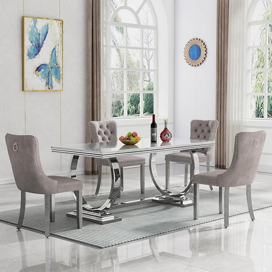 Goujxcy 5 Piece Marble Dining Table Set for 4, Luxury 70" White Marble Silver Kitchen Table with 4 Grey Velvet Upholstered Chairs, Modern 4 Person Dining Room Table Set for Kicken Dining Office Room
