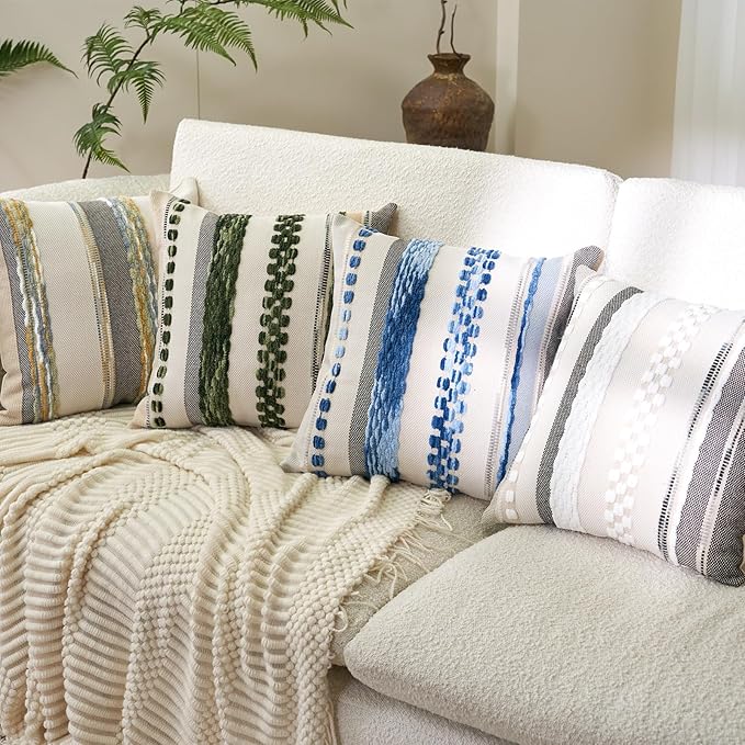 Aeckself Boho Throw Pillow Covers 18x18 Inch Set of 2, Farmhouse Decorative Striped Square Pillow Covers Chenille Tufted Pillow Cases Accent Neutral Pillowcase for Living Room Couch Bed, Gray