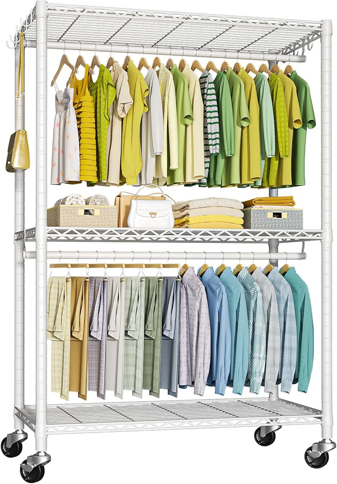 FUTASSI P3 Plus Rolling Clothes Rack, Clothing Racks for Hanging Clothes, Heavy Duty Garment Rack with Wheels, Freestanding Portable Closet Rack 45" W x 14" D x 78.5" H, Max Load 480 LBS, White