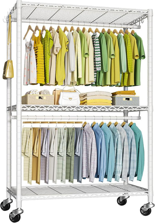 FUTASSI P3 Plus Rolling Clothes Rack, Clothing Racks for Hanging Clothes, Heavy Duty Garment Rack with Wheels, Freestanding Portable Closet Rack 45" W x 14" D x 78.5" H, Max Load 480 LBS, White