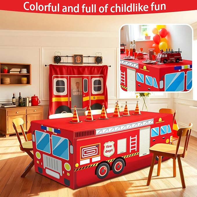 4Ft Fire Truck Birthday Party Tablecloth, Firefighter Party Decorations, Red 48" x 30" Polyester Rectangular Tablecloth for Kids Boys Firefighter Firetruck Theme Parties