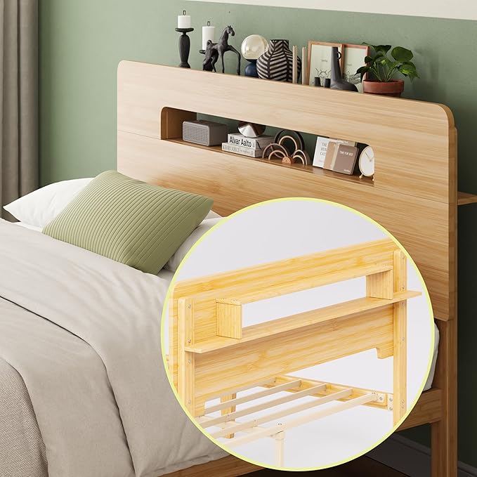 ZIYOO Solid Bamboo Wood Queen Bed Frame with Storage Headboard, 14 inch Platform Bed Frame Queen No Box Spring Needed with Steel Slats, Sturdy and Stable, Easy Assembly, Noise Free