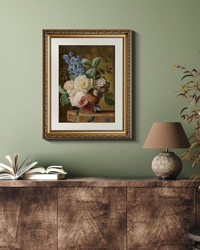 VIYYIEA Gold Framed Wall Art Canvas Print Home Decor Vintage Floral Wall Decor Flower Bathroom Art Decor Aesthetic Room Decor Oil Painting Retro Plants Still Life Wall Pictures Bedroom Gifts 13x16in