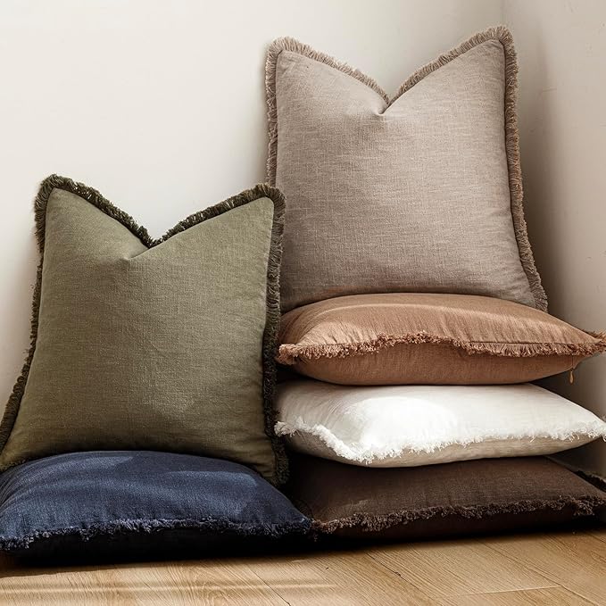 Foindtower Set of 2 Decorative Linen Fringe Throw Pillow Covers Boho Farmhouse Cushion Cover with Tassels Soft Accent Pillowcase for Couch Sofa Bed Living Room Home Decor,26×26 Inch,Natural Linen