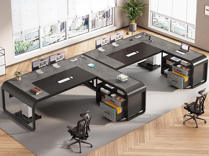 SEDETA 63 Inch Executive Desk, L Shaped Desk with Drawers, Large Office Desk with File Drawer, Computer Desk with Mobile CPU Stand, Storage Shelves, Power Outlets for Home Office, Gray