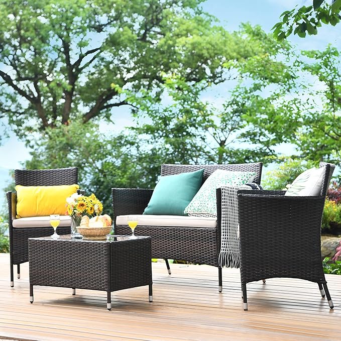 Tangkula 4-PCS Patio Rattan Conversation Set, Outdoor Wicker Furniture Set with Tempered Glass Coffee Table &Thick Cushion, Rattan Chair Wicker Set for Garden, Lawn, Poolside and Backyard (1, Brown)