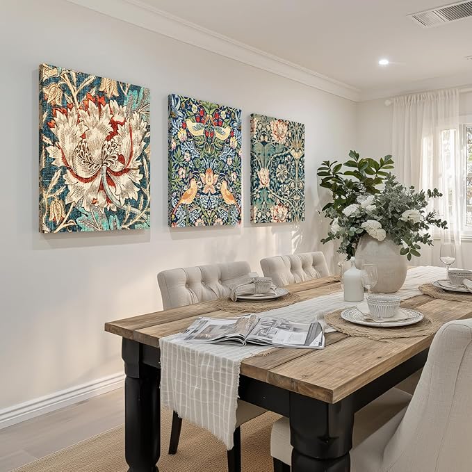 FASWQ Framed William Morris Wall Art, Nouveau Vintage Botanical Wall Decor, Retro Intricate Floral Animal Canvas Painting, Retro Natural Flower Bird Poster Prints for Living Room Bedroom 12"x16"x3